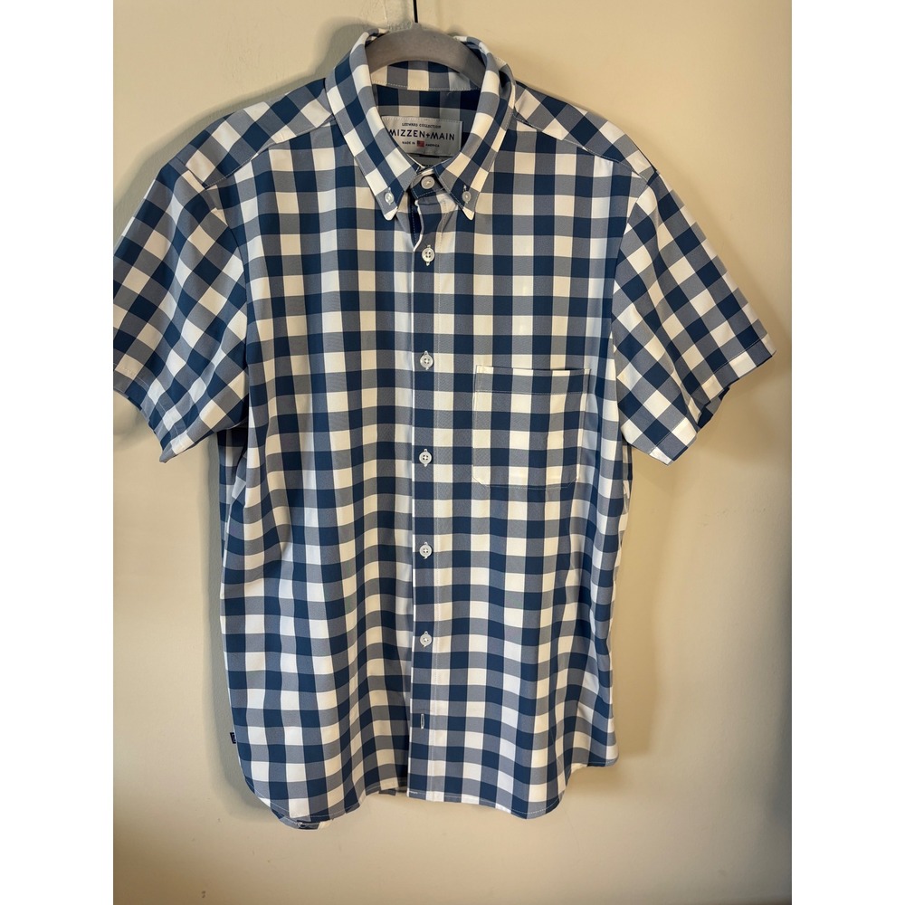 MIZZEN+MAIN Mens Medium Trim Fit Short Sleeve Gingham Button Down Blue White